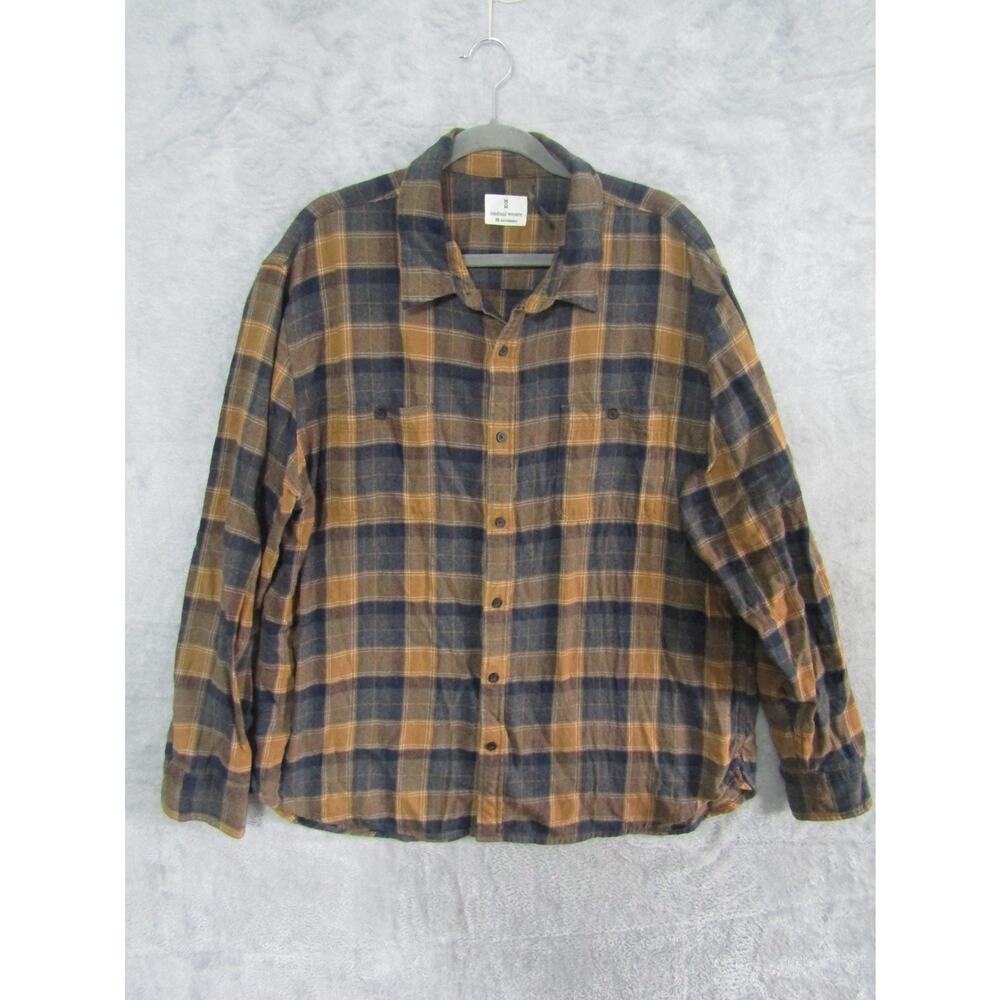Mutual‎ Weave Men's XXL Brown Navy Plaid Flannel Button Up Shirt Casual